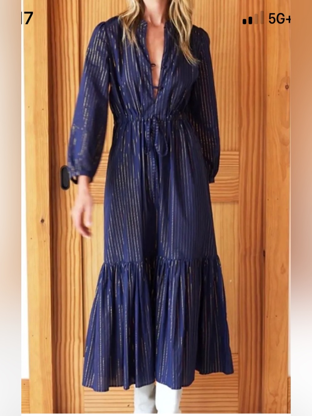 Emerson Fry India Collection Navy Maxi Dress with Metallic Pinstripes. OCCASION